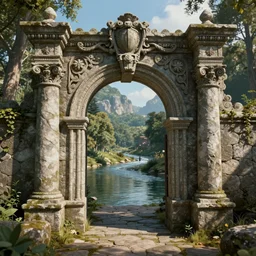 a beautiful ornate stone portal to a mysterious world at the end of a tranquil riverbed, 3 d render, by dave dorman, anato finnstark and lisa frank, 8 k, extreme detail, sharp focus, octane render