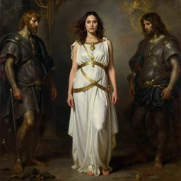 Full body oil painting of the beautiful woman Gal Gadot, she is wearing some withe ancient greek cloths and a surreal ornate, her hair is natural disheveled, naturalism, dramatic lighting, high-detailed oil painting by Ilya Repin, Michelangelo da Caravaggio, William Blake, Alex Grey and Beksinski, trending on Artsatio, masterpiece, 4k, 8k,