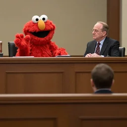 elmo testifying in court with saul goodman, courtroom sketch
