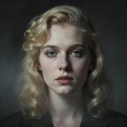 a painting of jeremy mann, a close up portrait of a blond - haired young woman, 1 9 4 0 s hairstyle, dramatic vignette, dramatic lighting, dreamy, misty, desaturated, ominous, unsettling