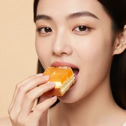 extremely detailed studio closeup portrait of a fashion model eating an ornage brick block cake. surreal photograph, lo - fi, polished look, solid background, silly and serious, hermes ad, fashion photography, toiletpaper magazine by pierpaolo ferrari and maurizio cattelan, 3 5 mm photograph, colourful, david lachapelle, canon eos c 3 0 0, 8 k, medium - format print