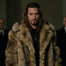 film still of Jared Leto as Tyler Durden wearing big fur coat in Fight Club 1999