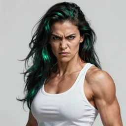 an angry dark haired muscular woman in a white tank top. highly detailed portrait, digital painting, sharp focus illustration, artstation hq. intricate, elegant. art by gerald brom, green iridescent