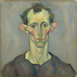 expressive distorted bust portrait of a man with long neck, big ears and a small head, impasto painting, muted colors, artwork by schiele