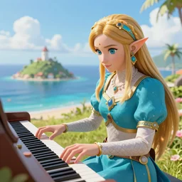 portrait of zelda playing piano on a beautiful island, highly detailed, fantasy style, artstation, 8 k