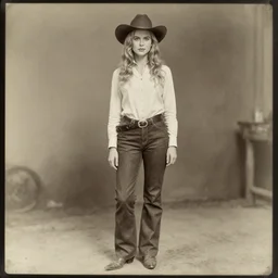 Young Nicole Kidman, cowgirl, outlaw, portrait, full body, beautiful face, cute, no long neck, no long anatomy, symmetrical features, silver iodide, 1880 photograph, sepia tone, aged paper, Sergio Leone, Master Prime lenses, cinematic