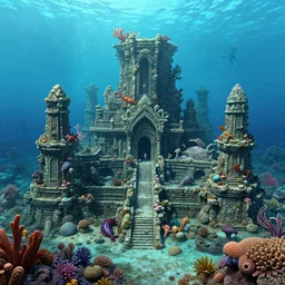 an ancient underwater city, encrusted by stone and coral reefs, plants, sea monsters, mushrooms, trees, highly detailed, 8 k, trending on artstation, award - winning art,
