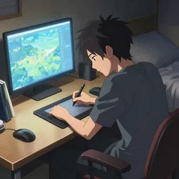 a detailed digital painting of an anime bedroom ; a ( ( young anime man ) ) sitting at his bedroom desk, tired and staring at the computer while drawing on a wacom tablet ; in a hd screenshot from the anime film, directed by ( ( makoto shinkai ) ) ; dramatic lighting and composition, beautiful colours, trending on artstation, back view