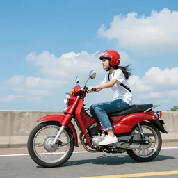 red, a teenager riding a motorcycle on a seawall with blue sky and white clouds in the background, sujin kim style