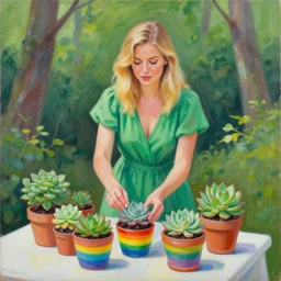 painting by Irina French of a beautiful blonde woman with shoulder length hair in a forest green dress putting colorful succulents into rainbow pots at a square table