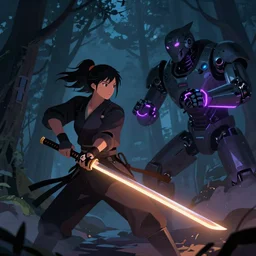 , woman with illuminated katana and robot soldier with neon gloves fighting a shadow creature in the forest at night, grand scale , digital effects fantasy ,digital art, illustration, stylized, cel shaded