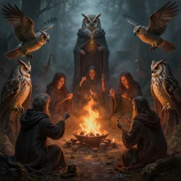 masterful fantastic realist painting of the enchanted summoning rituals of unusual moody birds wearing cloaks, exotic owl magick, weird perspective, ritual fire, digital painting trending on artstation, volumetric lighting and mist, hyperrealistic, octane render