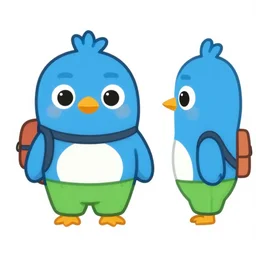 cute blue bird green pants and backpack character, sheet, front view, side view