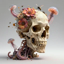 a human Skull mutating into flowers, tentacles, unnatural shapes, jellyfish tentacles reaching out, coherent human Skull, insect, chaotic octane render, 3d digital art by beeple, unreal engine 5, award winning,