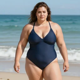 portrait of a thick female bodybuilder mai shiranui at the beach wearing a swimsuit, summer, sea, hot day, sunlight, broad robust and strong figure, brown hair, well toned muscles, beautiful, highly detailed, sharp focus, donato giancola and thomas kinkade, pinup