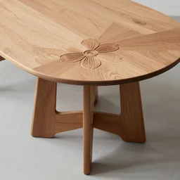 norwegian design furniture of a wood table with flower carved wood