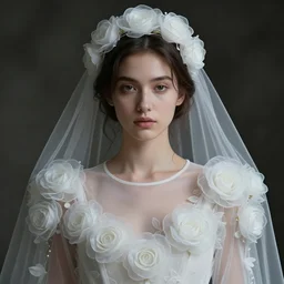 roberto ferri style : a wonderful realistic focused sweet face mid portrait of a beautiful symmetrical lonely woman with a detailed wonderful symmetrical face who is dressed with a wonderful, majestic, large semi transparent white cotton dress ornate with semi transparent cotton roses and semi transparent white veils, dramatic light, octane render - 8 k