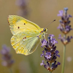 close up of a yellow butterfly sitting on a purple lavender flower, warm colors, oil painting by john constable, hyperrealistic, ultra high detail,
