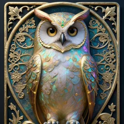 beautiful owl goddess, very vibrant, jean delville, art nouveau, james jean, ornate metal gothic icon heavy patina, joy, delicate, ultrasharp hyperdetailed photorealistic octane render, enchanting, otherworldly, whimsical, ethereal, mythology, magical