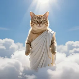 god cat wearing toga, around clouds, sunny day, lightbeam over the cats head