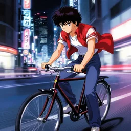 kaneda on his bike in neo tokyo looking for akira, night, neon lights, speed, art by katsuhiro otomo
