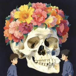 ortographic view of a large skull with vivid flower hair by Jen Bartel and Dan Mumford and Satoshi Kon, gouache illustration