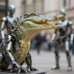 closeup profile photo of crocodile - headed humanoid metal robots taking over london, nicoletta ceccoli, mark ryden, lostfish, photography 4 k, f 1. 8 anamorphic, bokeh, 4 k, canon, nikon