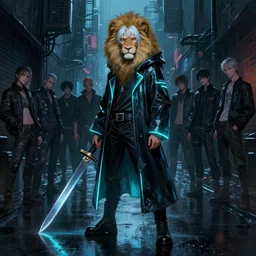 digital painting of a teenage Synthwave aesthetic albino lion in a dark rainy cyberpunk alleyway while holding a long dagger and wearing a dark cyan neon glowing black cloak reflecting on the wet pavement, by Stanley Artgerm Lau, frank frazetta, Rossdraws, James Jean, gerald brom, Andrei Riabovitchev, Marc Simonetti, and Sakimichan, trending on artstation, cinematic lighting, SFW version