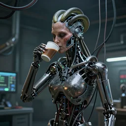 the upper torso of a terminator cyborg lady with borg implants, human face and robotic snakes coming out of her head is hanging from cables and wires off the ceiling of a lab. Her bottom half is missing with cables hanging out. She is taking a sip from a cup of coffee. Tiny green led lights in her cybernetics. very detailed 8k. Horror cyberpunk style. Unreal engine 5 render with nanite, path tracing and cinematic post processing. Sharp.