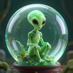 digital art of green mysterious alien sitting in a luminous glass ball, 3 d, ultradetail, wow how is beautiful, artstation, sharp focus, unreal engine