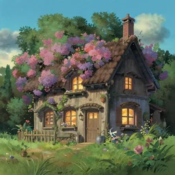 Flowery cottage, evening, Studio Ghibli, Artstation