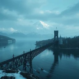 a singular very long black elfic narrow bridge, spanning across a big lake, from one shore to another shore, snowy mountain in the background, boats on the lake, scenic view, dark fantasy matte painting by marc simonetti trending on artstation