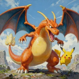 pokemon fight a dragon. oil painting. large scale. highly detailed.