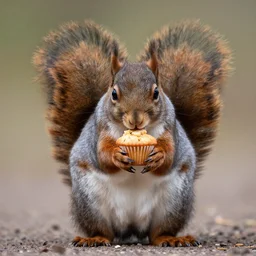 A really fat squirrel eating a muffin
