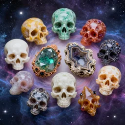material study, beautiful, colorful, strange exotic gemstones, skull shapes like, sharp focus, highly detailed, 4 k, cosmic background