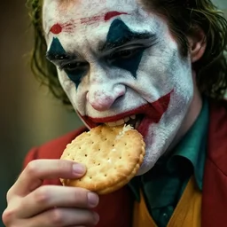 cinematic shot of the joker biting into a flour biscuit, 8 k, very detailed, very intricate,