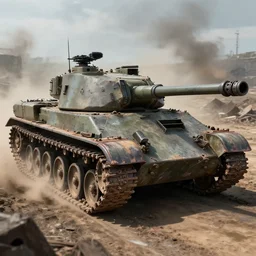 realistic, slightly damaged tank on the battlefield, detailed, digital art