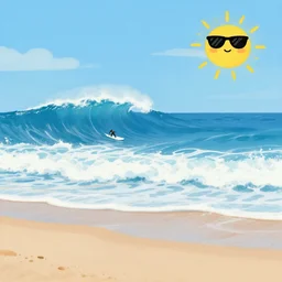 a painting of a beach with a big, blue wave visible in the distance that people are surfing on. the cartoonish sun is visible in the sky and has a drawn face with sunglasses.