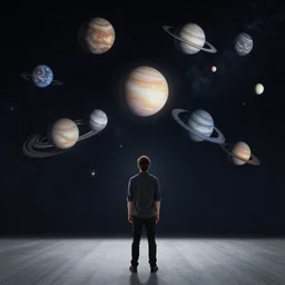 man looking at the pattern with planets on the dark sky