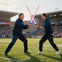 Coach Belichick and coach Tomlin fighting with lightsabers on a football field, golden hour