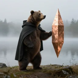 an bear, wearing a hooded cloak, stands next to a levitating copper prism, foggy lake, by hans baldung
