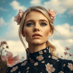 close - up fashion blonde woman portrait airy flowers cloudy sky art by victor maury