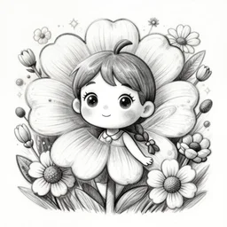 a portrait of a flower fairy surrounded by flowers, whimsical big - eyed character, light charcoal drawing, black and white, ink and paper, portrait, trending on artstation, behance, deviantart, drawn by tom lovell, artgerm, jsc, j. scott campbell