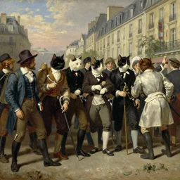 Cat revolutionaries in various costumes on a barricade in Paris, 1848, oil on canvas, by Delacroix, 8k