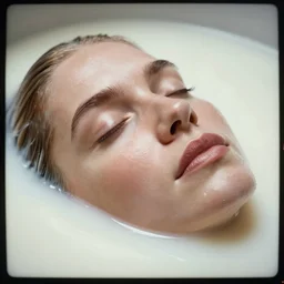 a hyperrealistic fine art portrait photo of a human face calmly emerging from a pond of milk, by Annie Leibovitz, smooth shapes and lines, vignette, 35mm lens, golden ratio composition, studio photography, closed eyes, very detailed, artstation, 8K, highly coherent