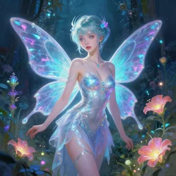 a beautiful cyber fairy in a cyberpunk garden with neon flowers, elegant pose, realistic digital painting, artgerm, sakimichan, huang guangjian