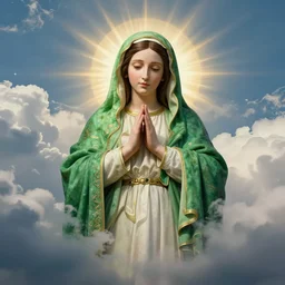 sky with clouds shaped like bright green virgin mary portrait