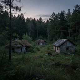 an abandoned forest village in dnd at dusk, high definition