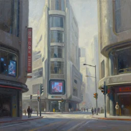 a photograph of a futuristic street scene, brutalist style architecture, straight edges, shop signs, video screens, traffic lights, finely detailed oil painting, impasto brush strokes, soft light, 8 k, dramatic composition, dramatic lighting, sharp focus, octane render, masterpiece, by adrian ghenie and jenny saville and zhang jingna