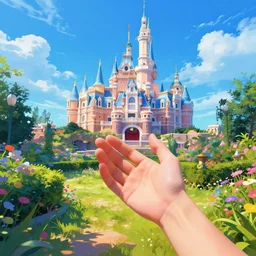 Welcome to wonderland, I\'ll be your guide, Holding your hand under sapphire skies. Let\'s go exploring, or maybe just go for a walk? vibrant style, lighting, landscape